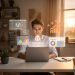 WordPress ve SEO eğitimini temsil eden sinematik çalışma masası görseli – bilgisayar ekranında WordPress, SEO,