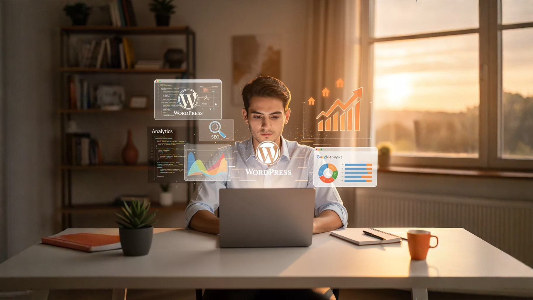 WordPress ve SEO eğitimini temsil eden sinematik çalışma masası görseli – bilgisayar ekranında WordPress, SEO,